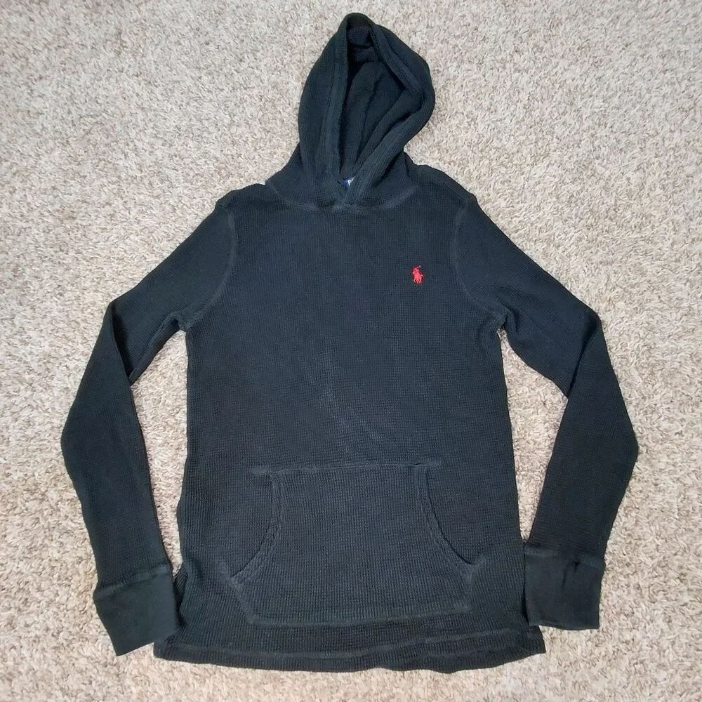 Polo Ralph Lauren Hoodie Mens Medium Black Waffle Knit Pullover Red Pony